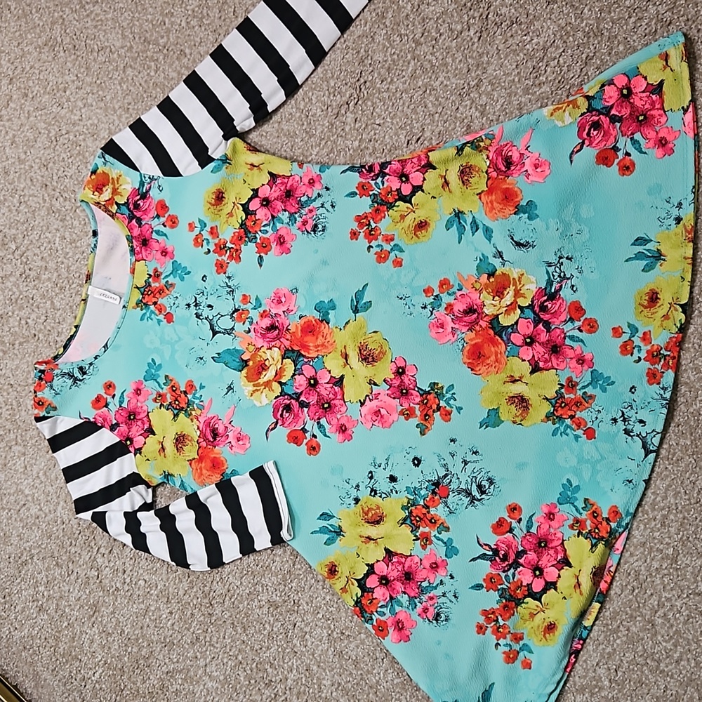 cezanne Aqua Floral Midi Dress with Black & White Striped Sleeves
